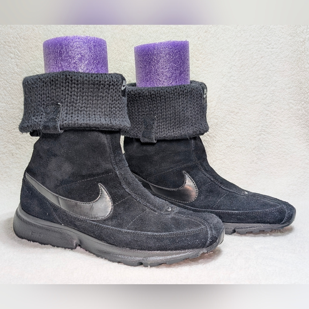 Vintage Nike Air Y2K Women's 9 Wafflo Black Suede Fold-Over Mid-Calf Boots Knit
